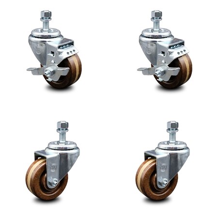 Service Caster 3 Inch High Temp Phenolic Wheel Swivel 1/2 Inch Threaded Stem Caster Brakes, 2PK SCC-TS20S314-PHRHT-121315-2-TLB-2